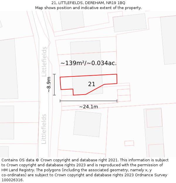 21, LITTLEFIELDS, DEREHAM, NR19 1BQ: Plot and title map