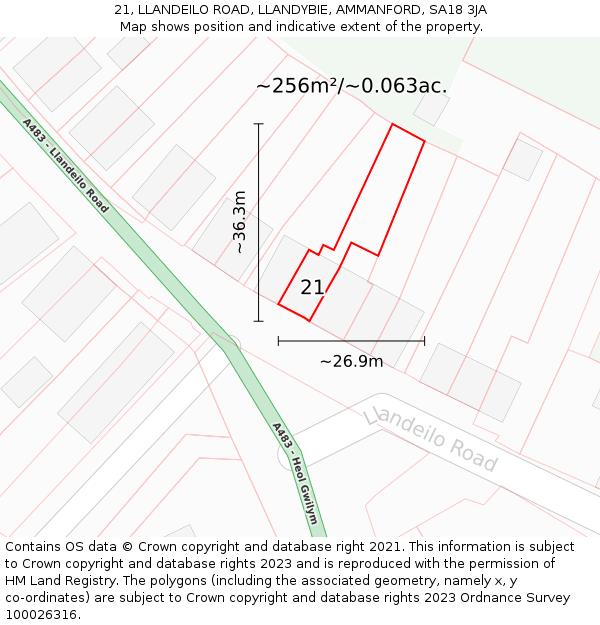 21, LLANDEILO ROAD, LLANDYBIE, AMMANFORD, SA18 3JA: Plot and title map