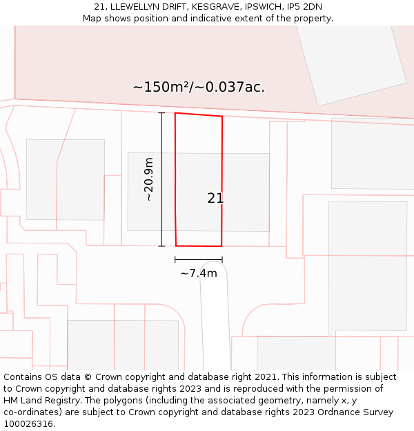 21, LLEWELLYN DRIFT, KESGRAVE, IPSWICH, IP5 2DN: Plot and title map