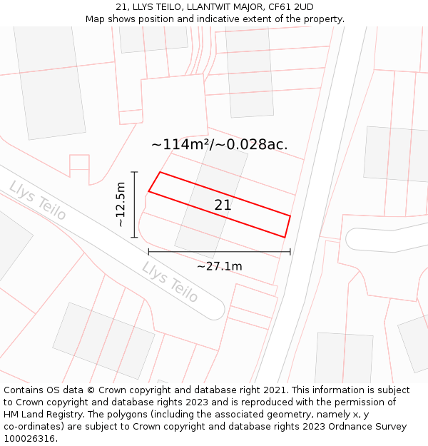 21, LLYS TEILO, LLANTWIT MAJOR, CF61 2UD: Plot and title map