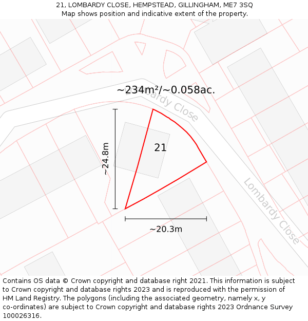21, LOMBARDY CLOSE, HEMPSTEAD, GILLINGHAM, ME7 3SQ: Plot and title map
