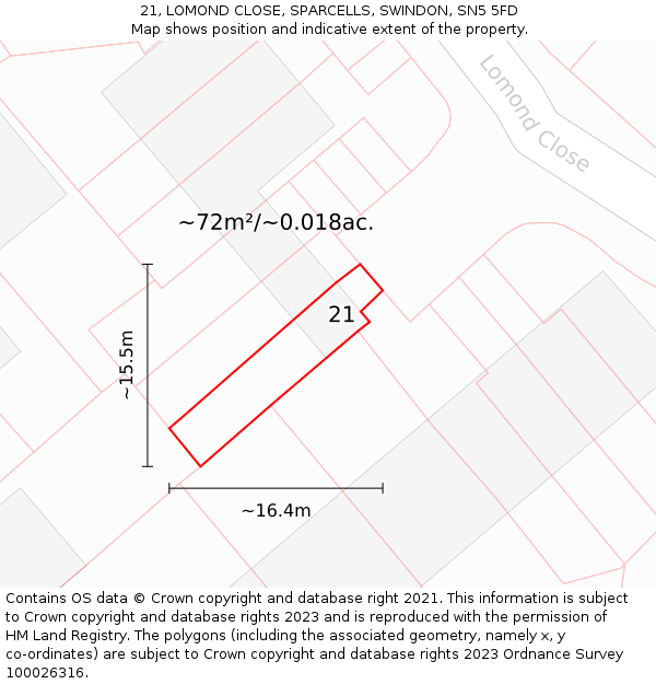 21, LOMOND CLOSE, SPARCELLS, SWINDON, SN5 5FD: Plot and title map