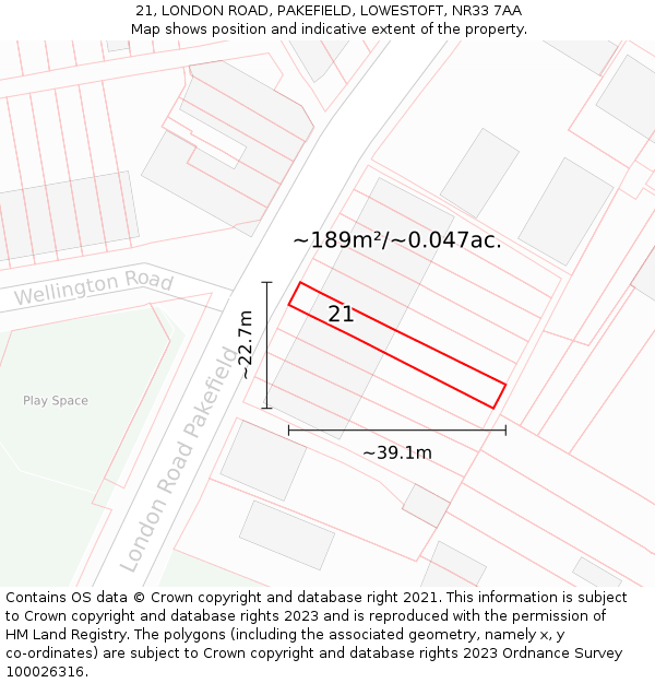 21, LONDON ROAD, PAKEFIELD, LOWESTOFT, NR33 7AA: Plot and title map