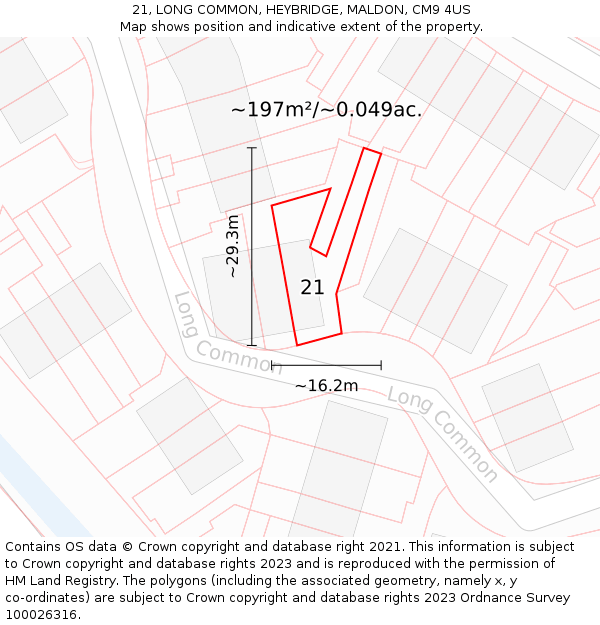 21, LONG COMMON, HEYBRIDGE, MALDON, CM9 4US: Plot and title map