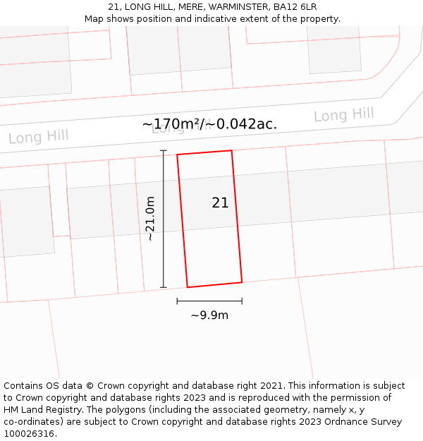21, LONG HILL, MERE, WARMINSTER, BA12 6LR: Plot and title map