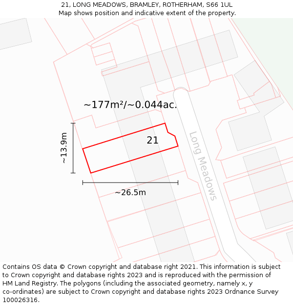 21, LONG MEADOWS, BRAMLEY, ROTHERHAM, S66 1UL: Plot and title map