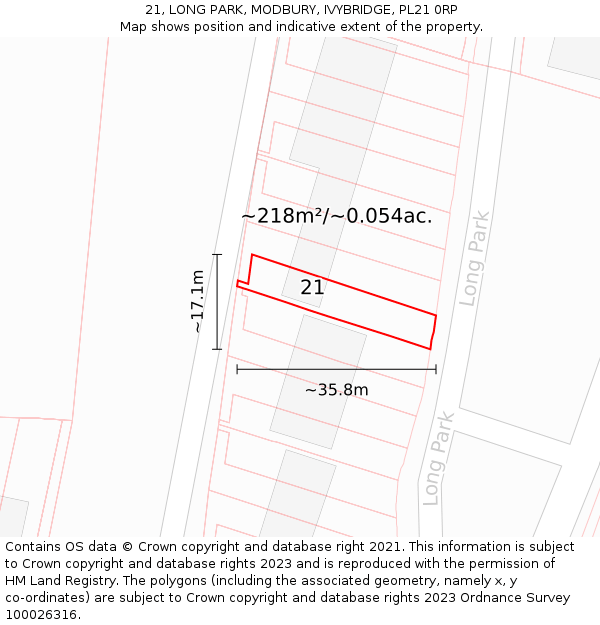 21, LONG PARK, MODBURY, IVYBRIDGE, PL21 0RP: Plot and title map