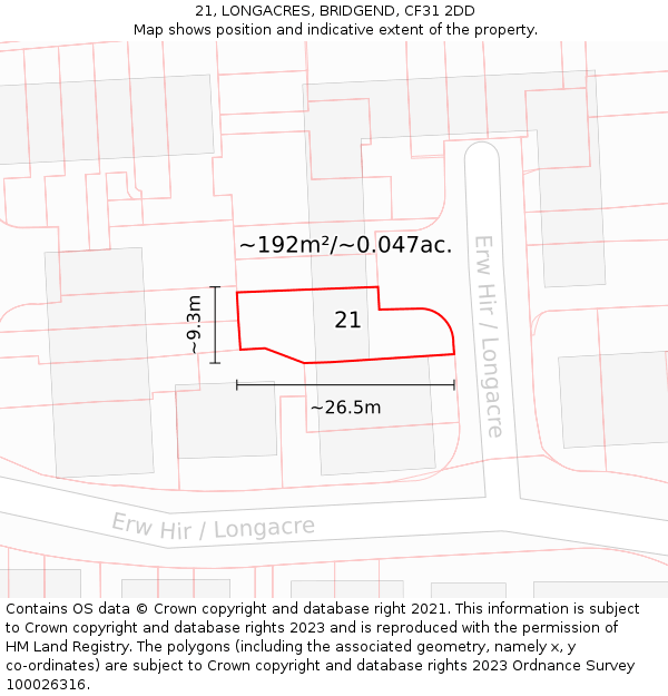 21, LONGACRES, BRIDGEND, CF31 2DD: Plot and title map