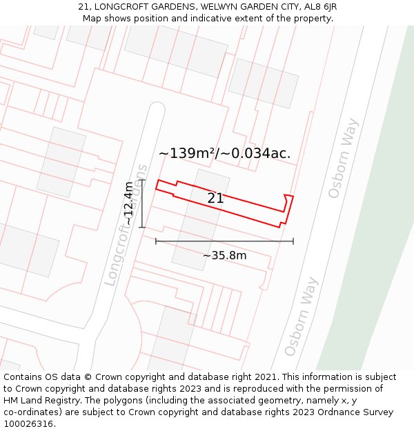 21, LONGCROFT GARDENS, WELWYN GARDEN CITY, AL8 6JR: Plot and title map
