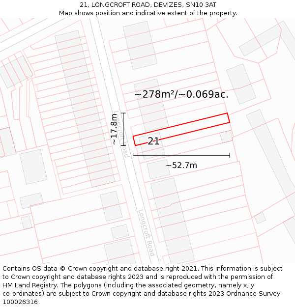 21, LONGCROFT ROAD, DEVIZES, SN10 3AT: Plot and title map