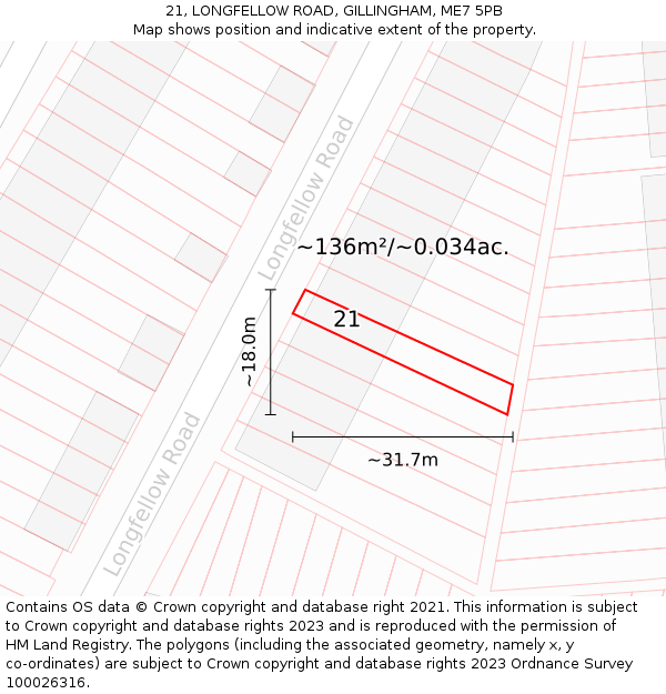 21, LONGFELLOW ROAD, GILLINGHAM, ME7 5PB: Plot and title map