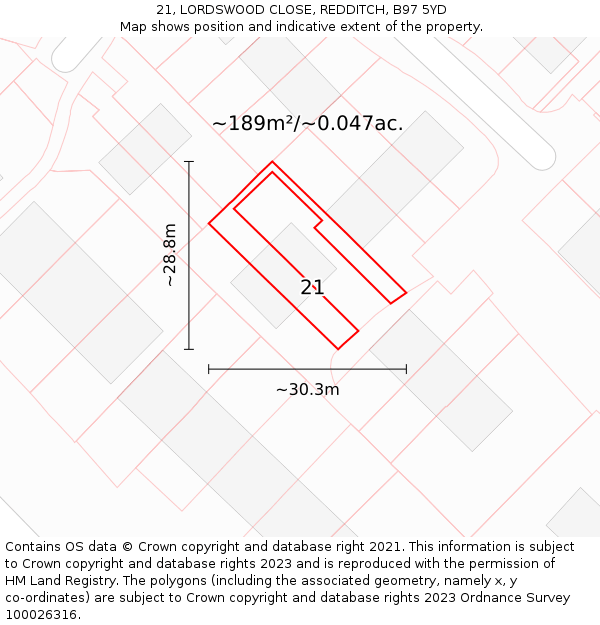 21, LORDSWOOD CLOSE, REDDITCH, B97 5YD: Plot and title map