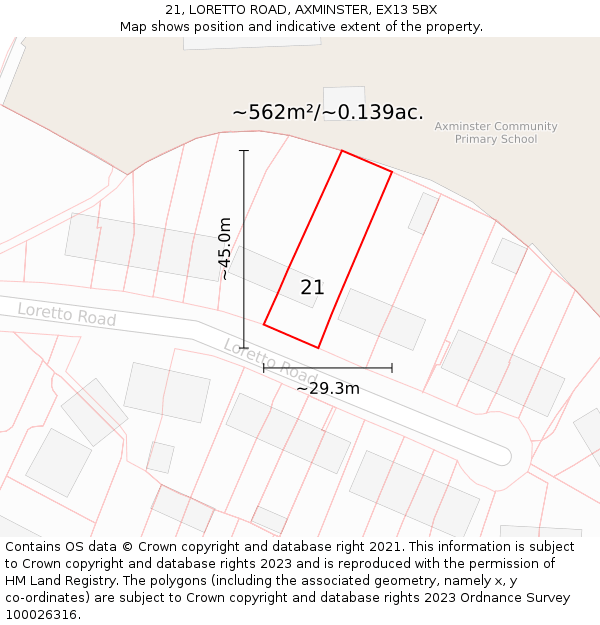 21, LORETTO ROAD, AXMINSTER, EX13 5BX: Plot and title map
