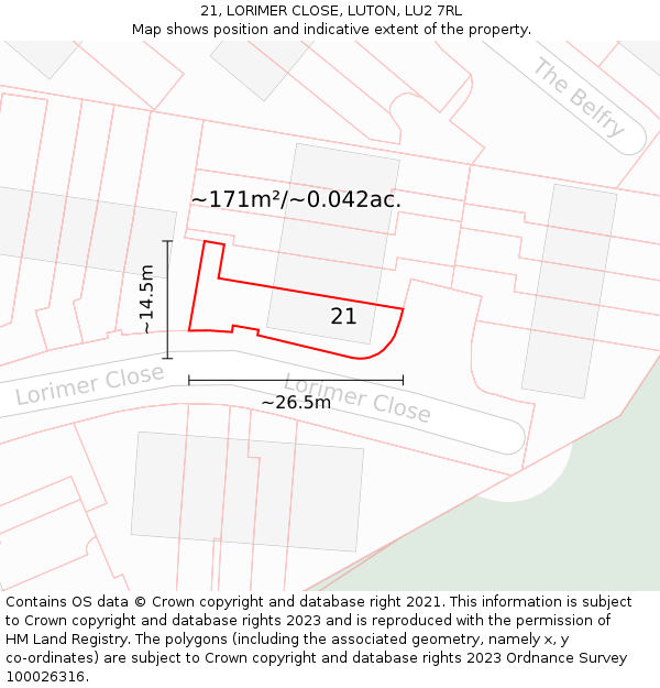 21, LORIMER CLOSE, LUTON, LU2 7RL: Plot and title map