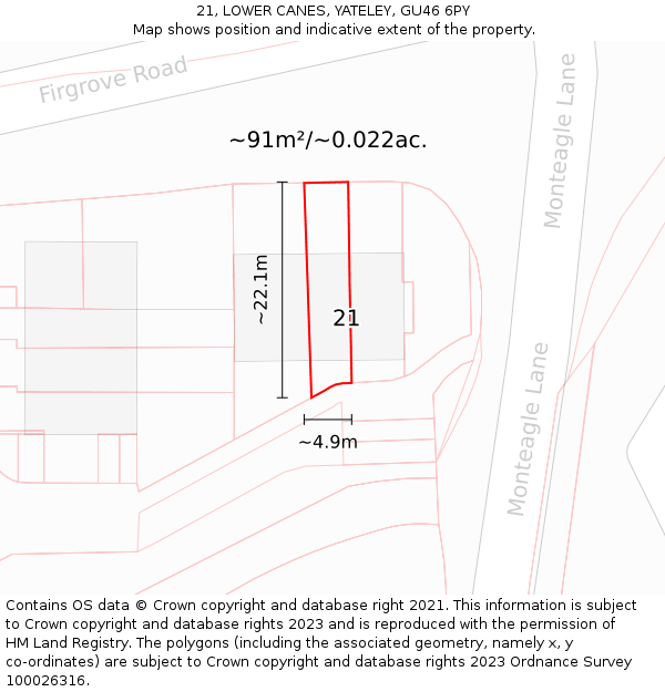 21, LOWER CANES, YATELEY, GU46 6PY: Plot and title map