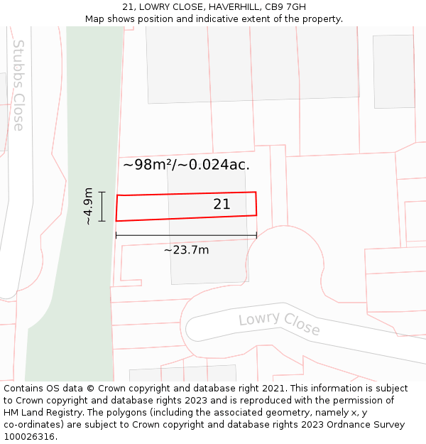 21, LOWRY CLOSE, HAVERHILL, CB9 7GH: Plot and title map