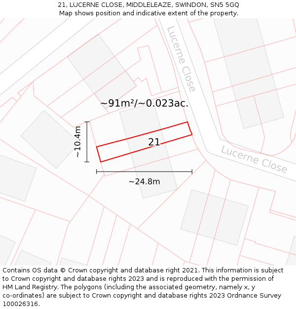 21, LUCERNE CLOSE, MIDDLELEAZE, SWINDON, SN5 5GQ: Plot and title map