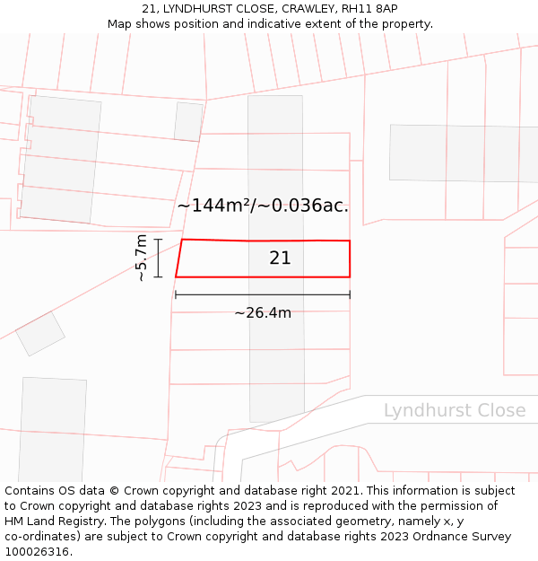 21, LYNDHURST CLOSE, CRAWLEY, RH11 8AP: Plot and title map
