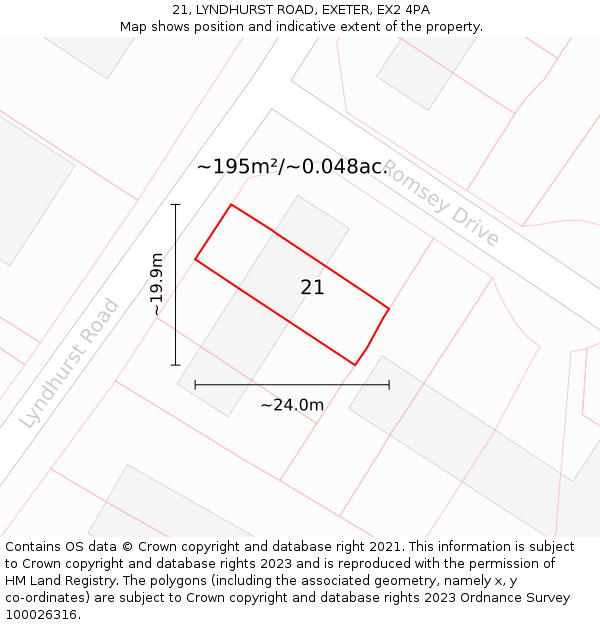21, LYNDHURST ROAD, EXETER, EX2 4PA: Plot and title map