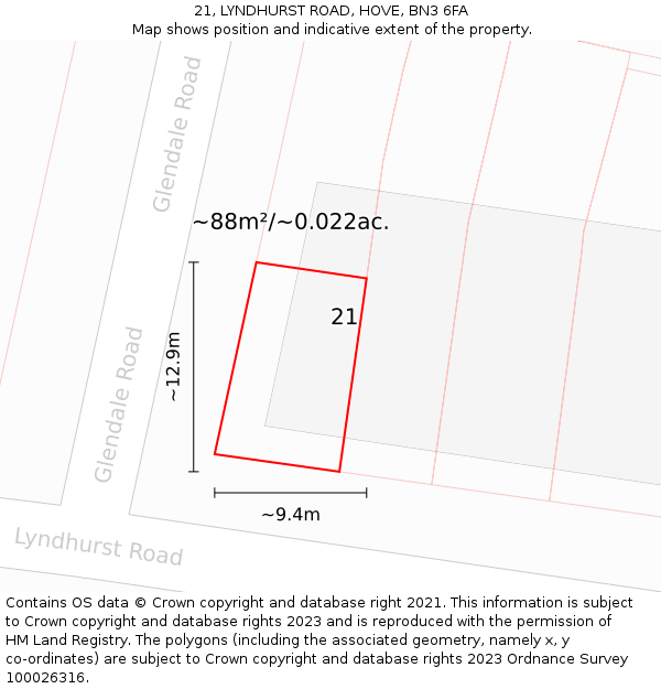 21, LYNDHURST ROAD, HOVE, BN3 6FA: Plot and title map
