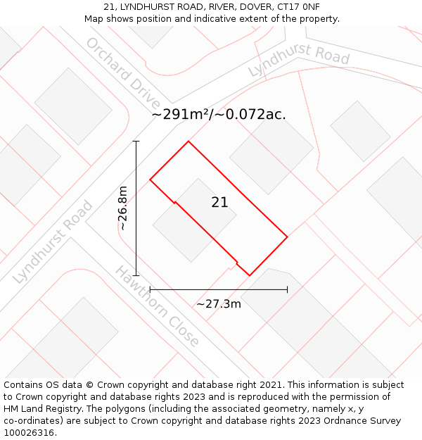 21, LYNDHURST ROAD, RIVER, DOVER, CT17 0NF: Plot and title map