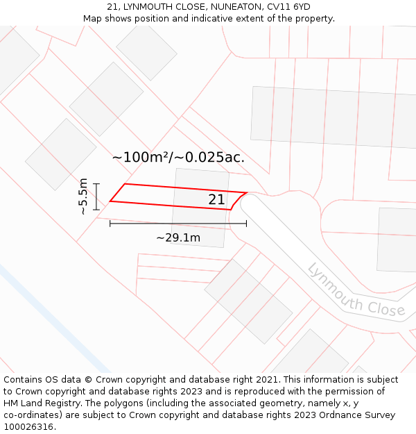 21, LYNMOUTH CLOSE, NUNEATON, CV11 6YD: Plot and title map