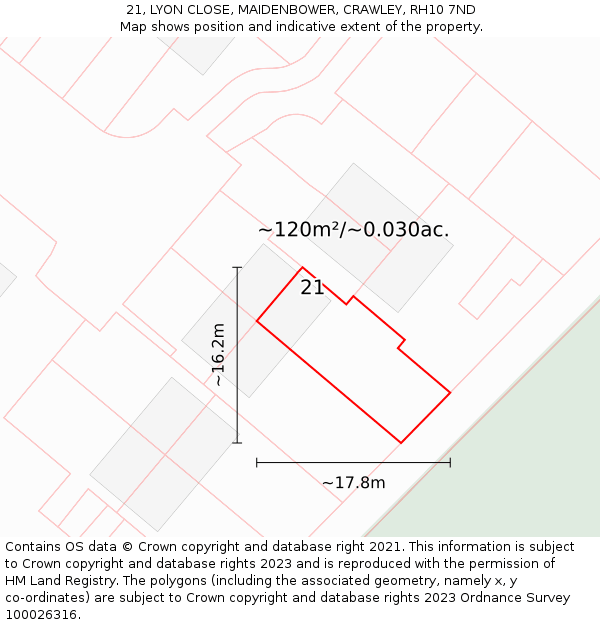 21, LYON CLOSE, MAIDENBOWER, CRAWLEY, RH10 7ND: Plot and title map
