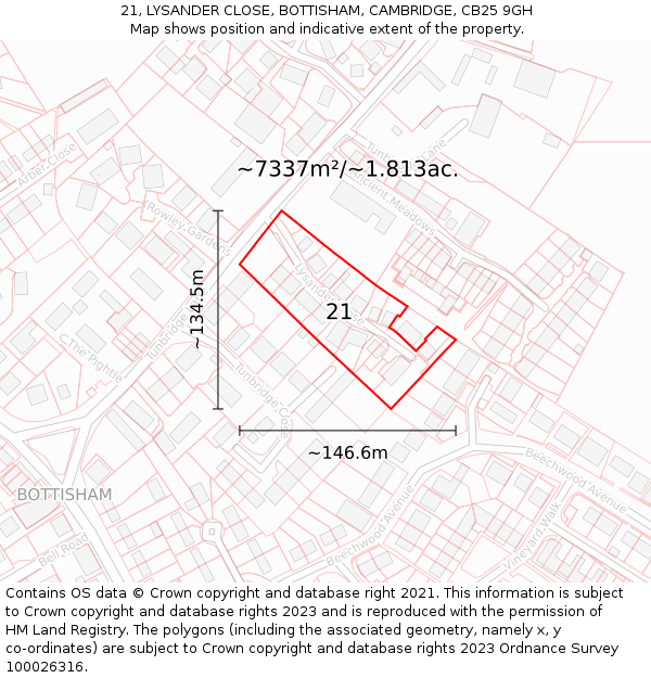 21, LYSANDER CLOSE, BOTTISHAM, CAMBRIDGE, CB25 9GH: Plot and title map