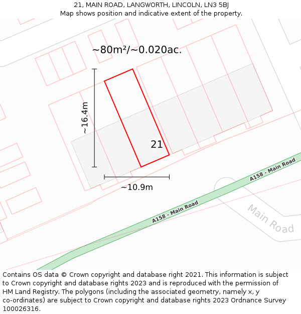 21, MAIN ROAD, LANGWORTH, LINCOLN, LN3 5BJ: Plot and title map