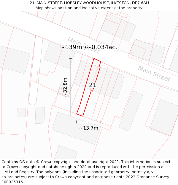 21, MAIN STREET, HORSLEY WOODHOUSE, ILKESTON, DE7 6AU: Plot and title map