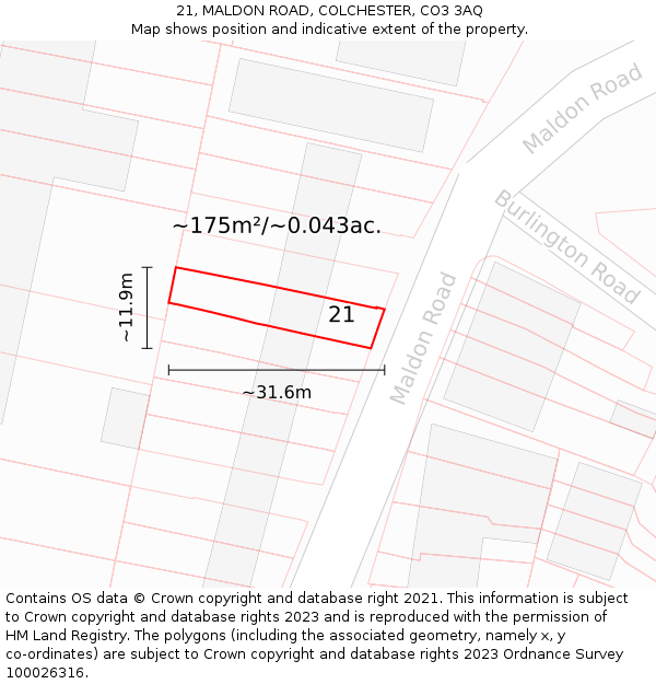 21, MALDON ROAD, COLCHESTER, CO3 3AQ: Plot and title map