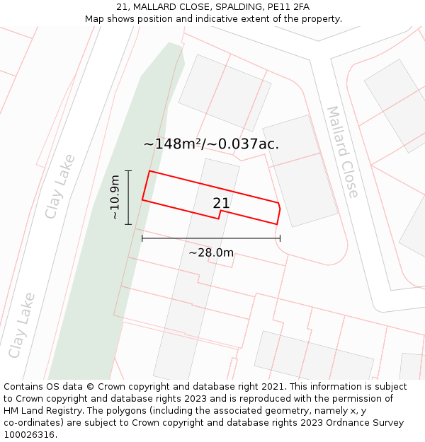 21, MALLARD CLOSE, SPALDING, PE11 2FA: Plot and title map