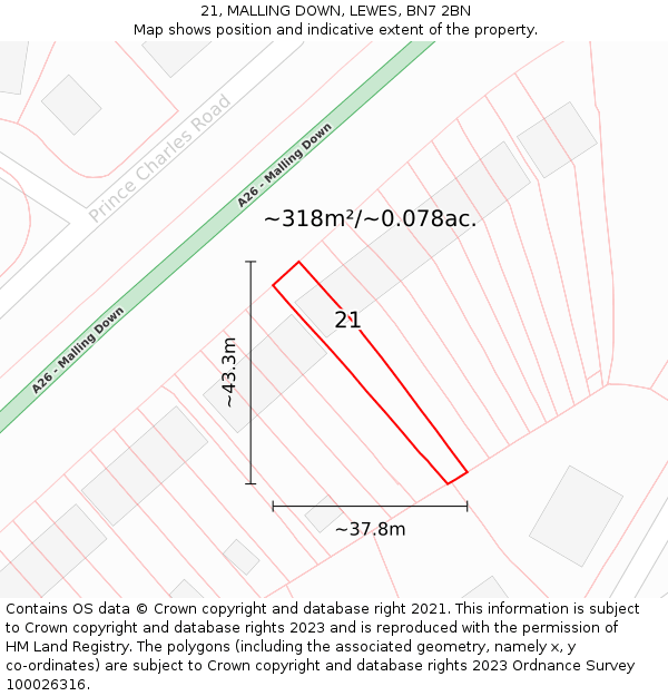 21, MALLING DOWN, LEWES, BN7 2BN: Plot and title map