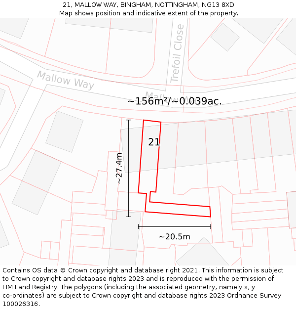 21, MALLOW WAY, BINGHAM, NOTTINGHAM, NG13 8XD: Plot and title map