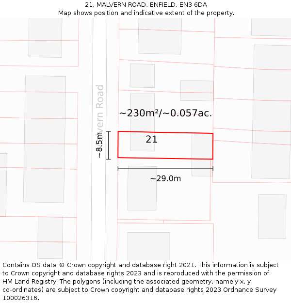 21, MALVERN ROAD, ENFIELD, EN3 6DA: Plot and title map