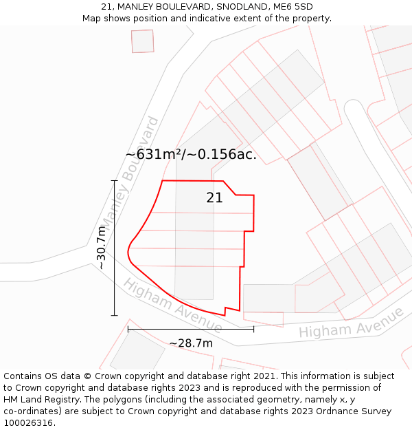21, MANLEY BOULEVARD, SNODLAND, ME6 5SD: Plot and title map