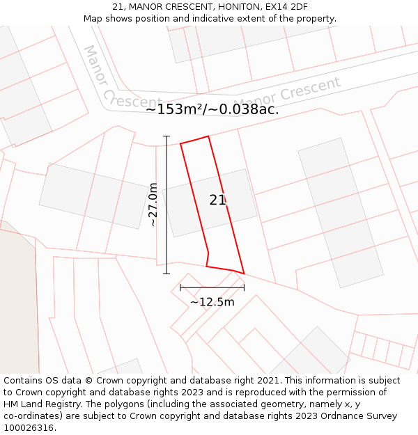 21, MANOR CRESCENT, HONITON, EX14 2DF: Plot and title map