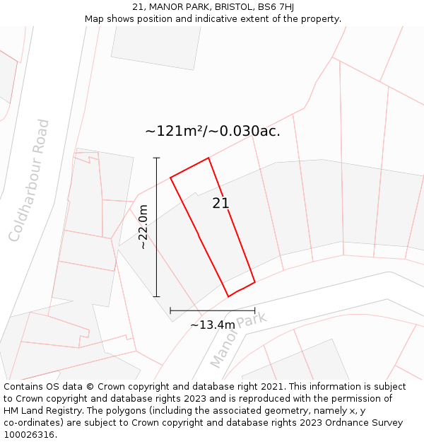 21, MANOR PARK, BRISTOL, BS6 7HJ: Plot and title map