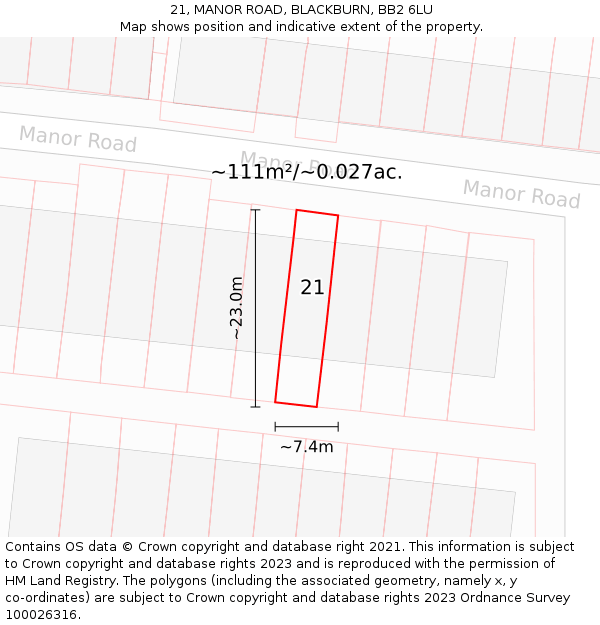 21, MANOR ROAD, BLACKBURN, BB2 6LU: Plot and title map