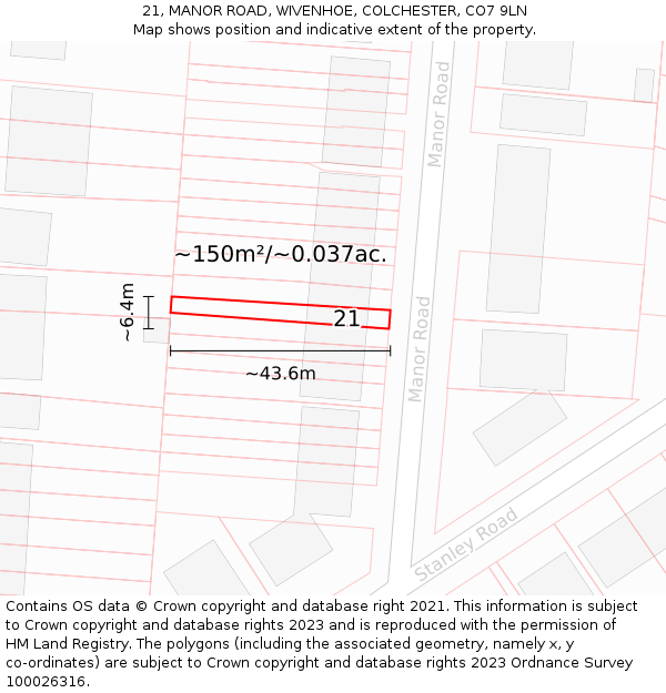 21, MANOR ROAD, WIVENHOE, COLCHESTER, CO7 9LN: Plot and title map