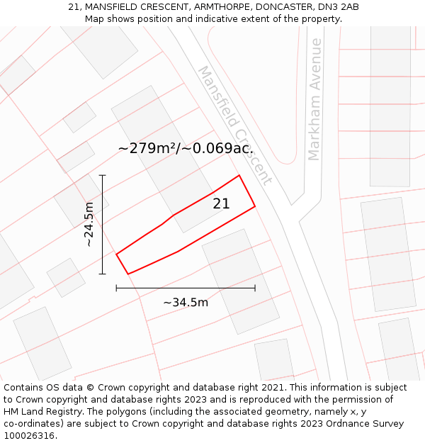 21, MANSFIELD CRESCENT, ARMTHORPE, DONCASTER, DN3 2AB: Plot and title map