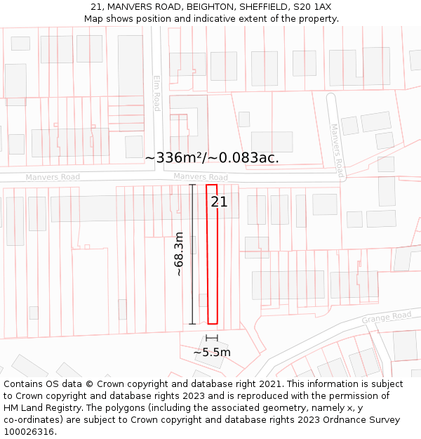 21, MANVERS ROAD, BEIGHTON, SHEFFIELD, S20 1AX: Plot and title map
