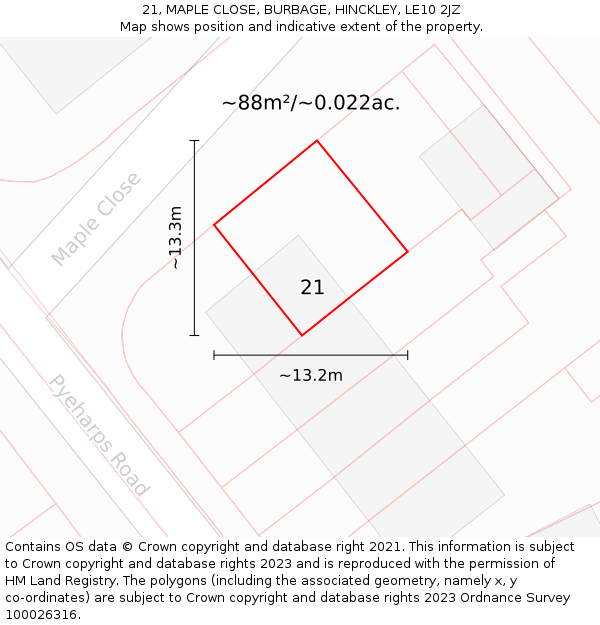21, MAPLE CLOSE, BURBAGE, HINCKLEY, LE10 2JZ: Plot and title map