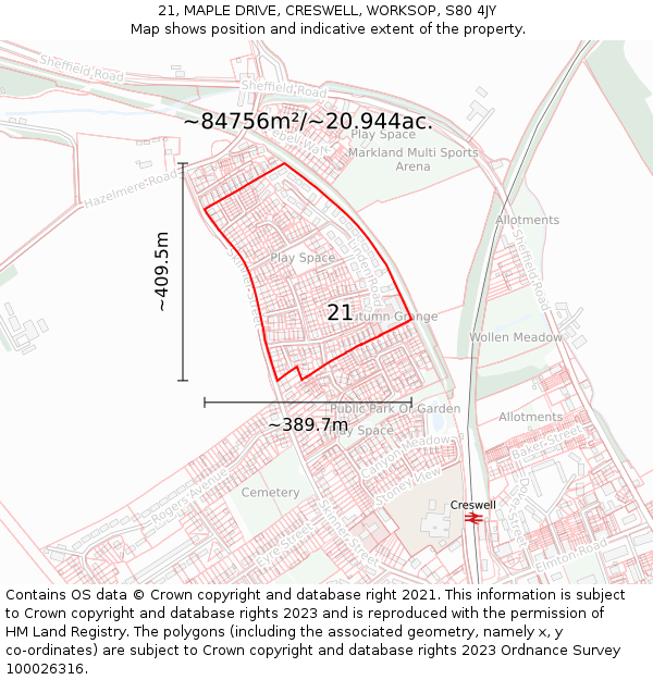 21, MAPLE DRIVE, CRESWELL, WORKSOP, S80 4JY: Plot and title map