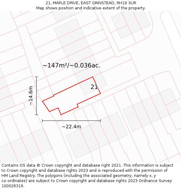 21, MAPLE DRIVE, EAST GRINSTEAD, RH19 3UR: Plot and title map