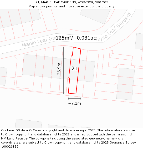 21, MAPLE LEAF GARDENS, WORKSOP, S80 2PR: Plot and title map