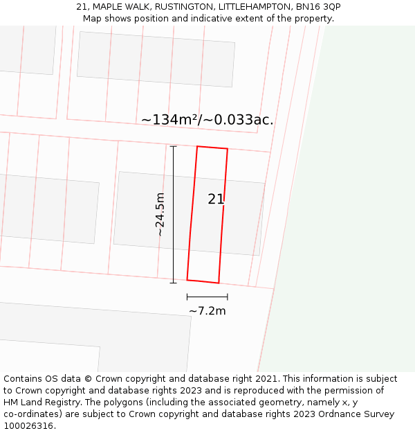 21, MAPLE WALK, RUSTINGTON, LITTLEHAMPTON, BN16 3QP: Plot and title map
