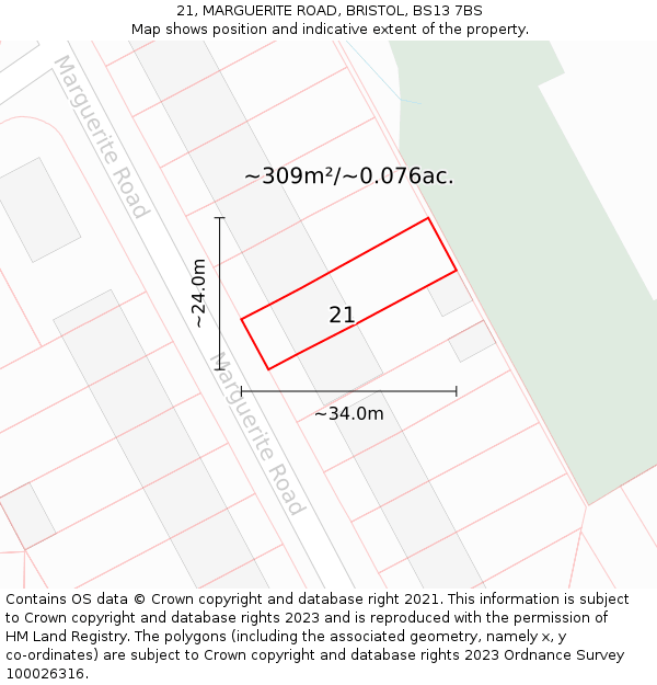 21, MARGUERITE ROAD, BRISTOL, BS13 7BS: Plot and title map