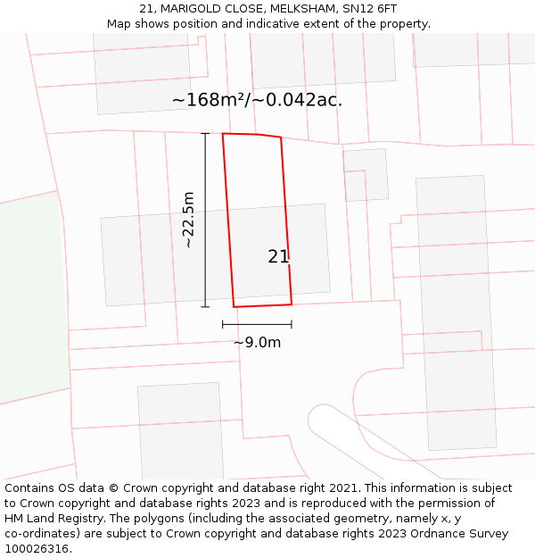 21, MARIGOLD CLOSE, MELKSHAM, SN12 6FT: Plot and title map