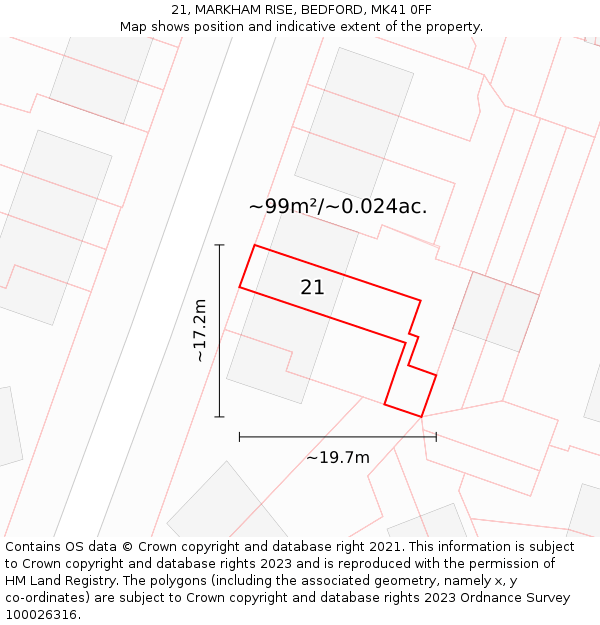 21, MARKHAM RISE, BEDFORD, MK41 0FF: Plot and title map